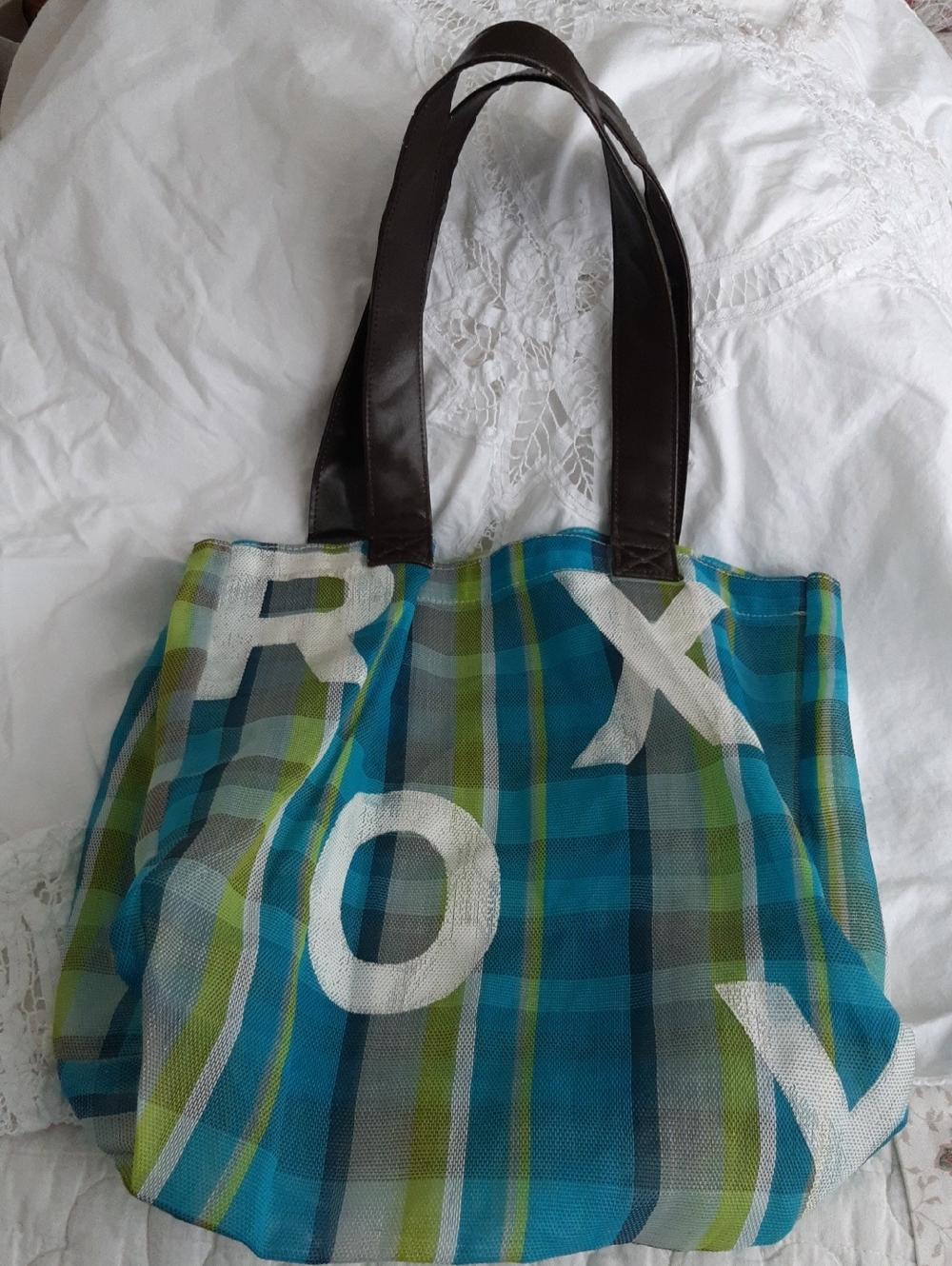 Roxy Blue and Green Plaid Tote with Dark Brown Handles